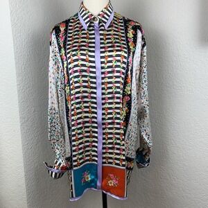 Vtg Silk Button Up Shirt David Michael Whimsical Oversized Colorful Women's M